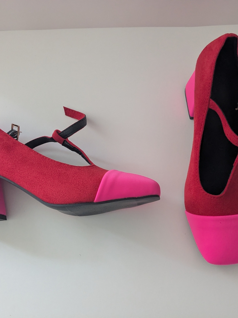 Women’s Red Suede Block Heel Pumps with Pink Toe Cap & Heel